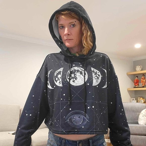 Cosmic Moon Phases Crop Top Hoodie Goth Gothic Boho Comfy Cozy Casual - Picture 1 of 3